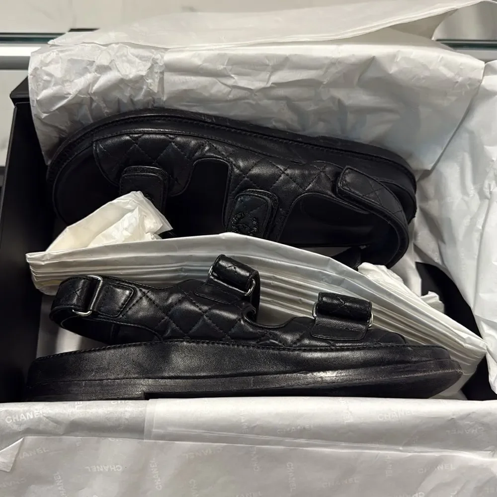 Authentic! BLACK Chanel Quilted Leather Dad Sandals box & dust covers SIZE 38C